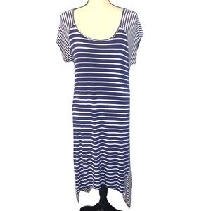 Shannon Ford NY Navy White Stripe Asymmetrical Hem Midi Dress Large EUC